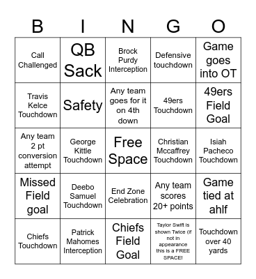 Super Bowl Bingo Card