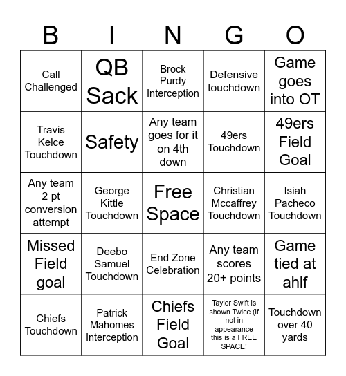 Super Bowl Bingo Card