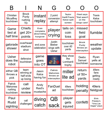 Superbowl LVIII Chiefs vs 49ers Bingo Card