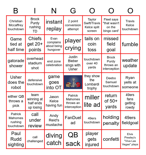 Superbowl LVIII Chiefs vs 49ers Bingo Card