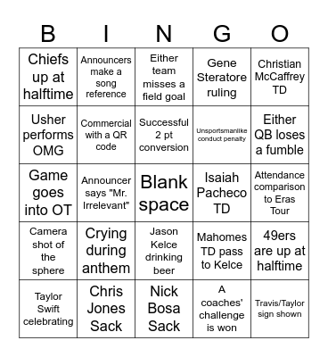 Super Bowl 58 Bingo Card