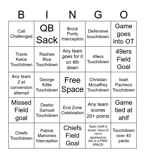 Super Bowl Bingo Card