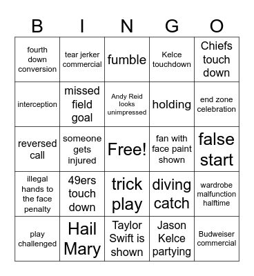 Super Bowl Bingo Card