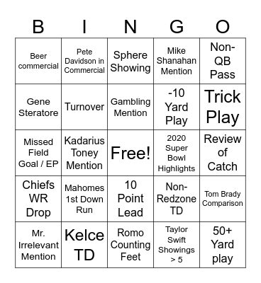 Super Bowl Bingo Card