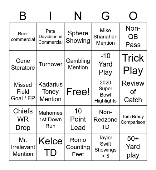 Super Bowl Bingo Card