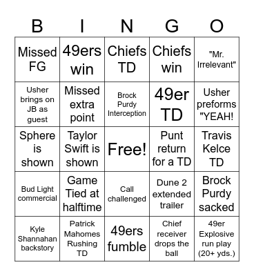 Super Bowl Bingo Card