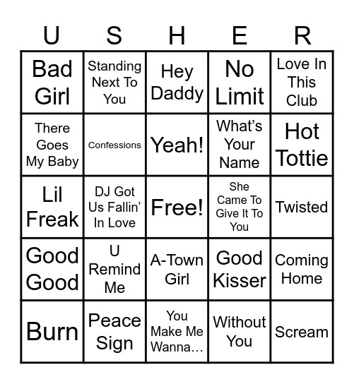 Usher Halftime Show Bingo Card