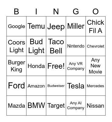 SuperBowl Commercials Bingo Card