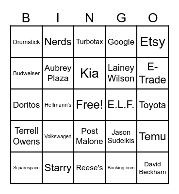 Super Bowl Commercial Bingo 2024 Bingo Card