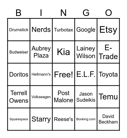 Super Bowl Commercial Bingo 2024 Bingo Card