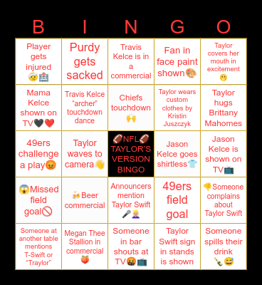 Taylor Swift Super Bowl Bingo Card