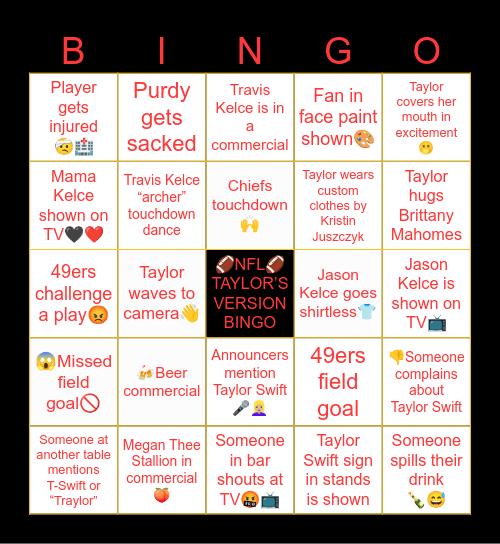 Taylor Swift Super Bowl Bingo Card