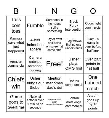 Super Bowl Bingo Card