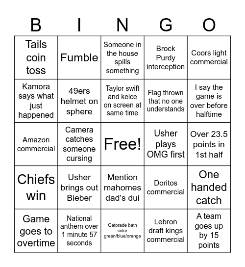 Super Bowl Bingo Card