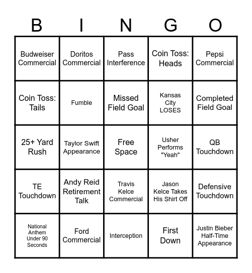 Superbowl LV III Bingo Card