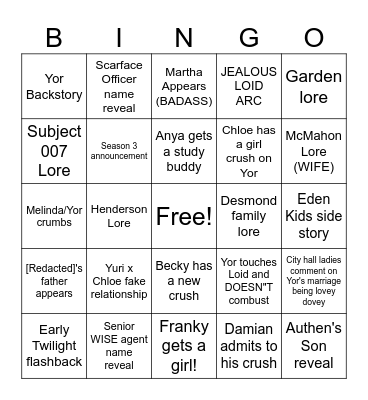 Spy x Family 2024 Bingo Card