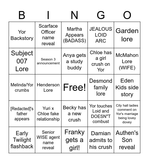 Spy x Family 2024 Bingo Card