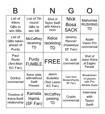 Super Bowl 545 Bingo Card