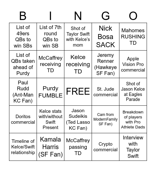 Super Bowl 545 Bingo Card