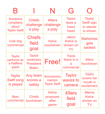 Swiftie Bowl Bingo Card