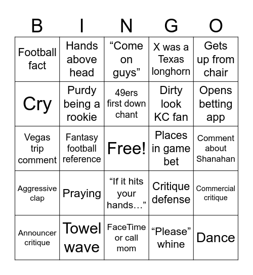 Mallory Superbowl Bingo Card