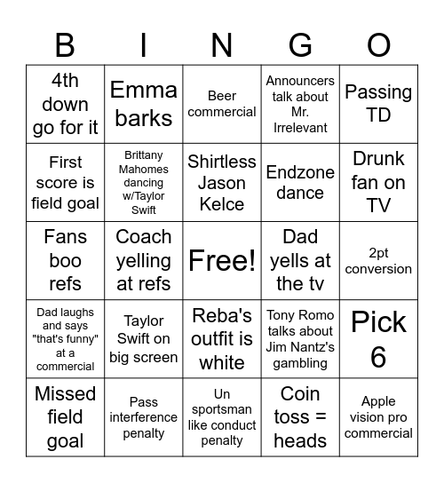 Super Bowl 2024 Bingo Card