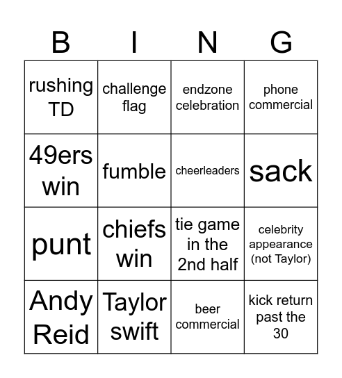 super bowl Bingo Card