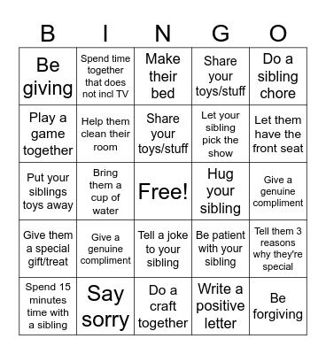 Sibling Challenge Bingo Card