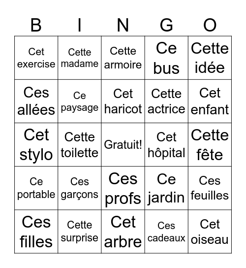 Adjectifs démonstratifs Bingo Card