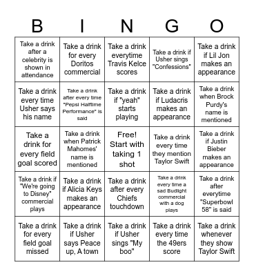 Superbowl Drinking game Bingo Card