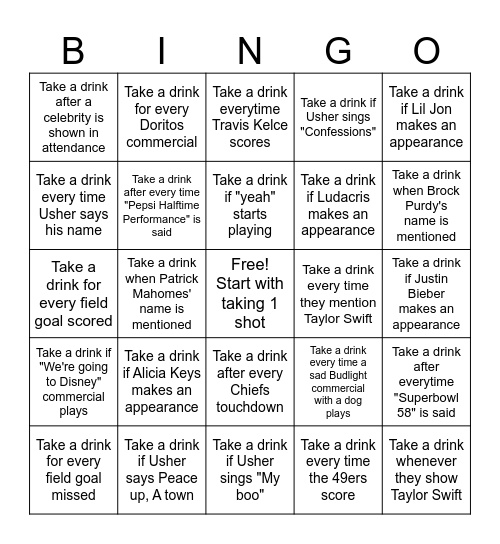 Superbowl Drinking game Bingo Card