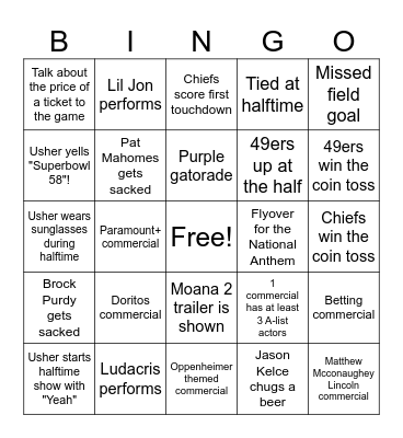 Superbowl LVIII Bingo Card