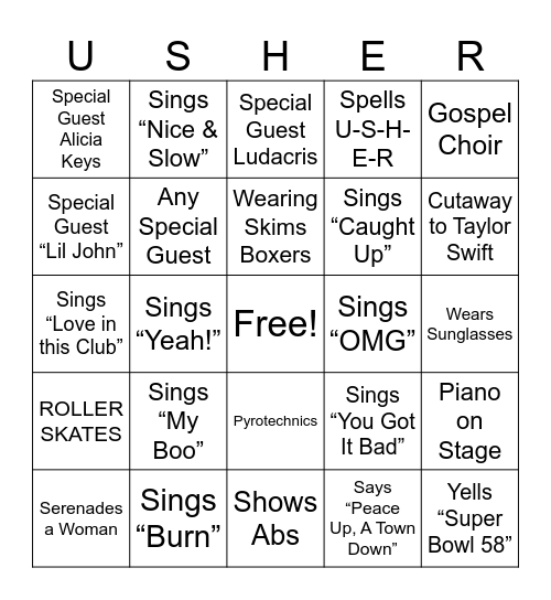 USHER HALFTIME BINGO Card