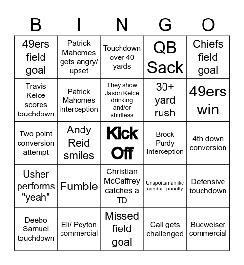 Superbowl Bingo Card