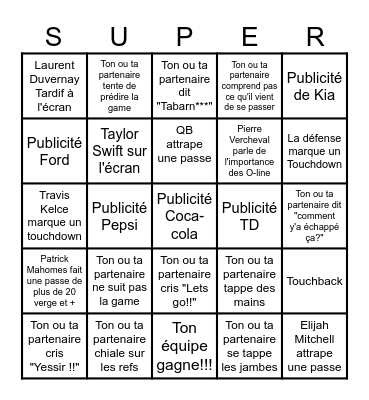 Le bingo du Superbowl Bingo Card