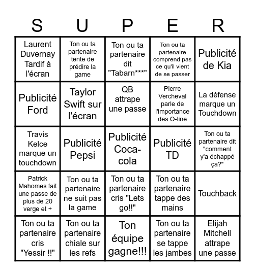 Le bingo du Superbowl Bingo Card