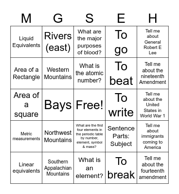 Review Bingo Card