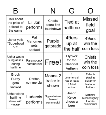 Superbowl LVIII Bingo Card