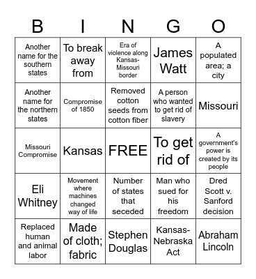 Unit 3 Test Review Bingo Card