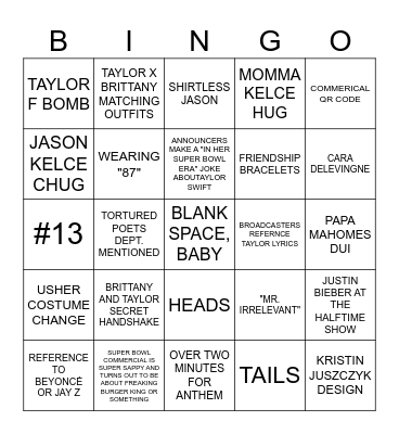 Superbowl LVIII (Taylor's Version) Bingo Card