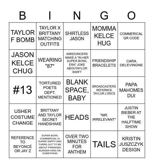 Superbowl LVIII (Taylor's Version) Bingo Card