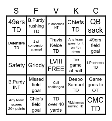 SUPER BOWL Bingo Card