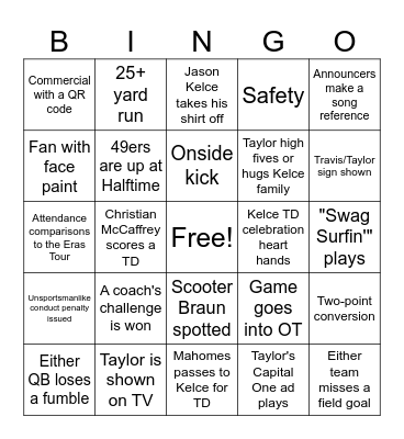 Taylor's Super Bowl 2024 Bingo Card