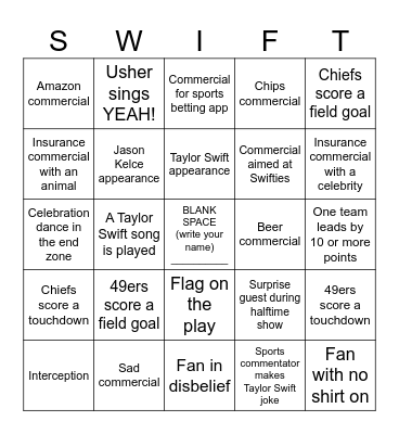 SWIFTIE BOWL Bingo Card