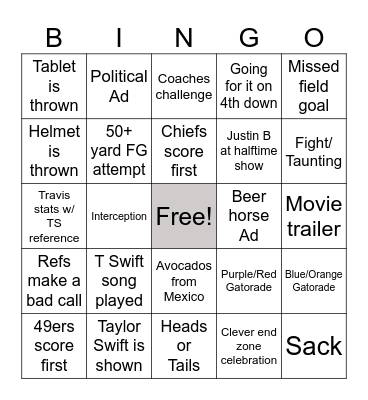 Superbowl BINGO Card