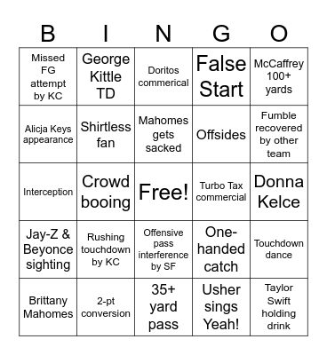 Super Bowl Bingo Card