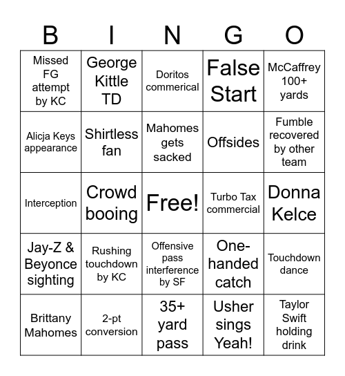 Super Bowl Bingo Card