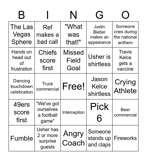 SUPERBOWL BINGO 2024 Bingo Card