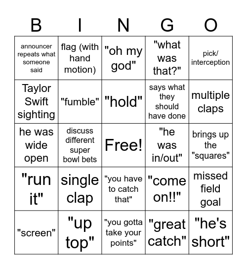 2024 Super Bowl Bingo Card