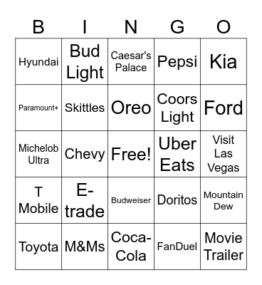 Super Bowl Commercials Bingo Card